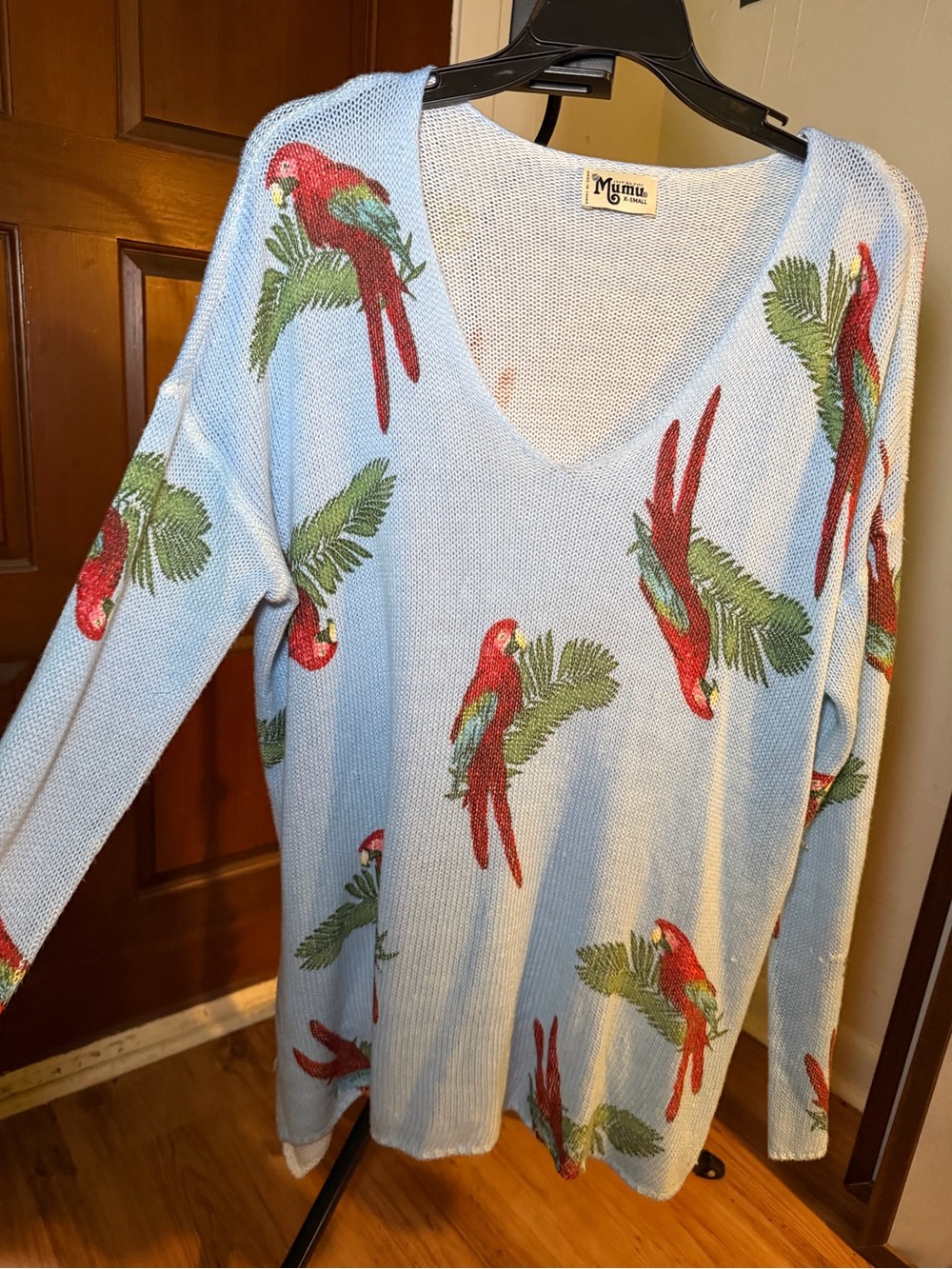 Show Me Your MuMu Light Blue V-Neck Sweater with Red Parrot Print